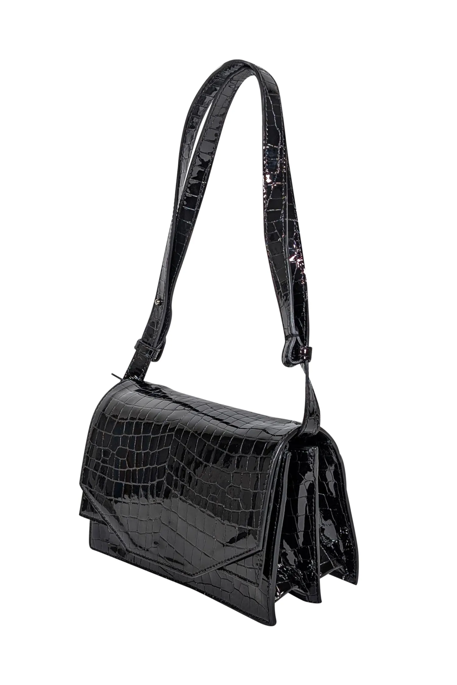 Ganni - Black Patent Leather Croc Embossed Shoulder Bag