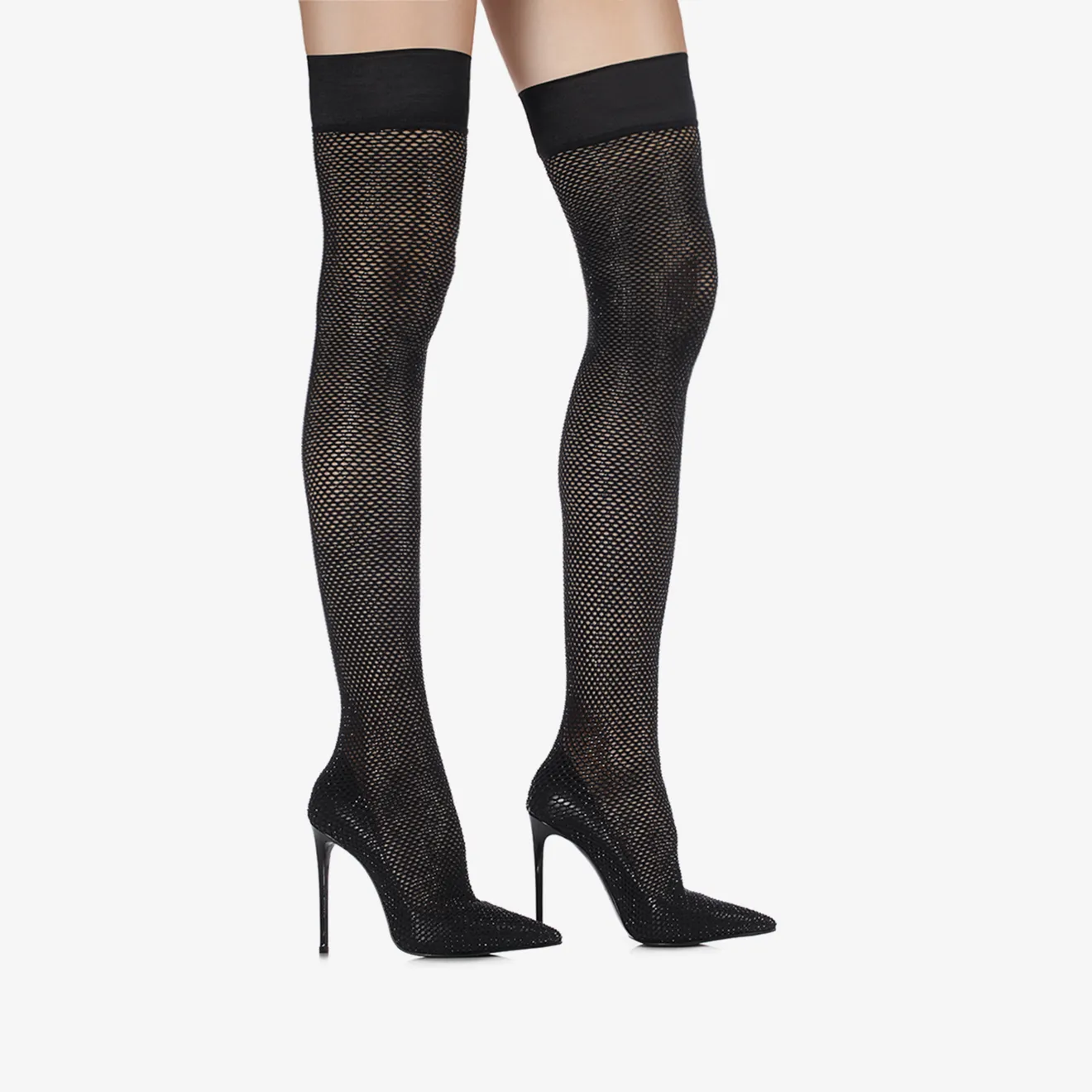 GILDA THIGH-HIGH BOOT 120 mm Jet black fishnet over-the-knee boot with Crystals