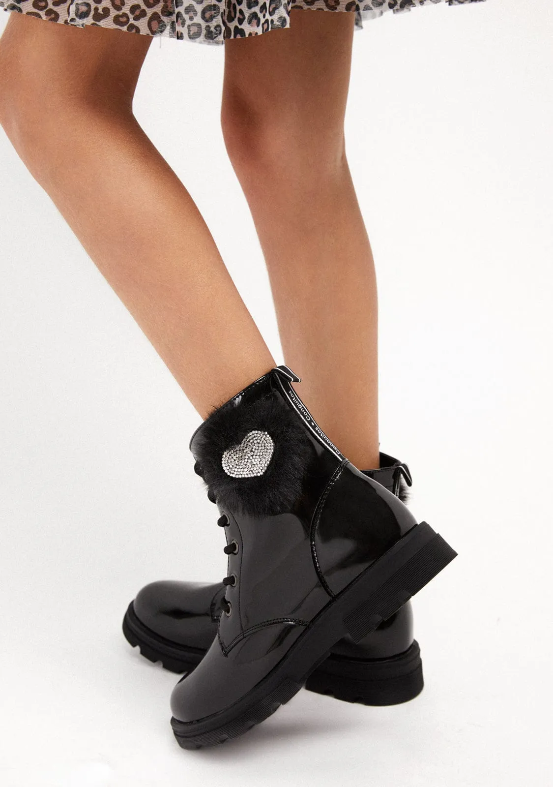 Girl's Black Pompon Cord Ankle Boots