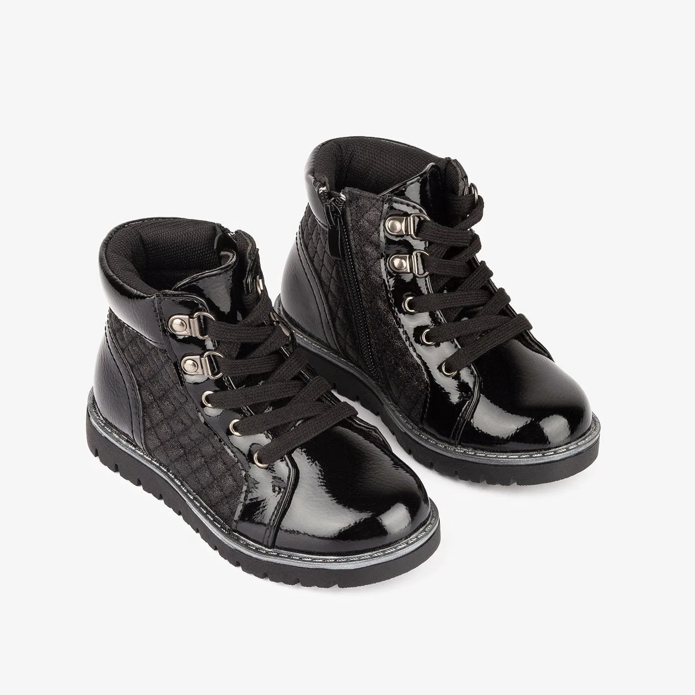 Girl's Black Quilted Patent Leather Boots