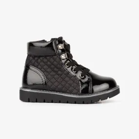 Girl's Black Quilted Patent Leather Boots