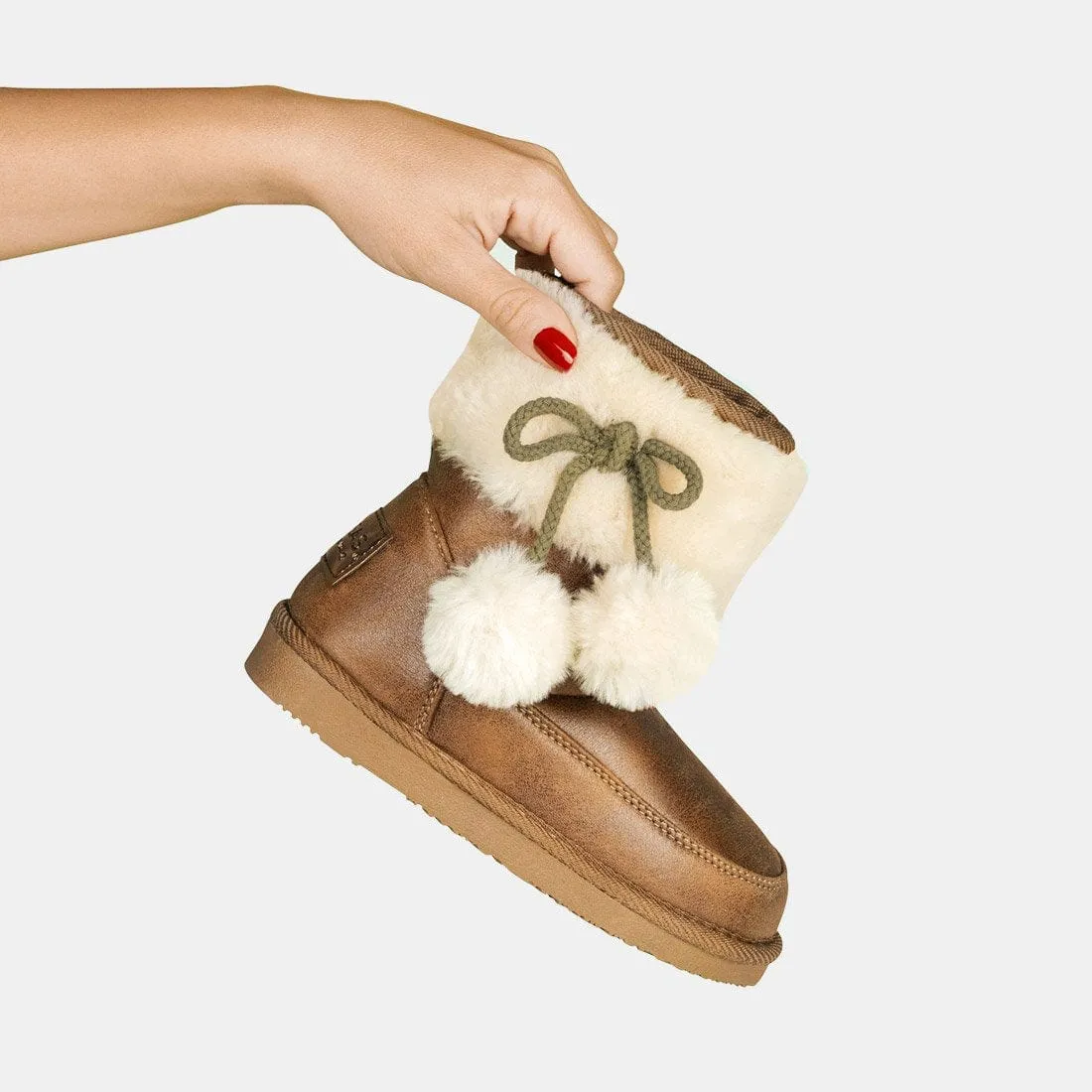 Girl's Camel Pompoms Fur Australian Boots