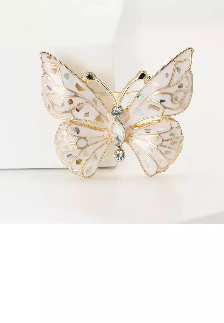 Glamorousky Fashion and Elegant Plated Gold Enamel White Butterfly Brooch with Cubic Zirconia