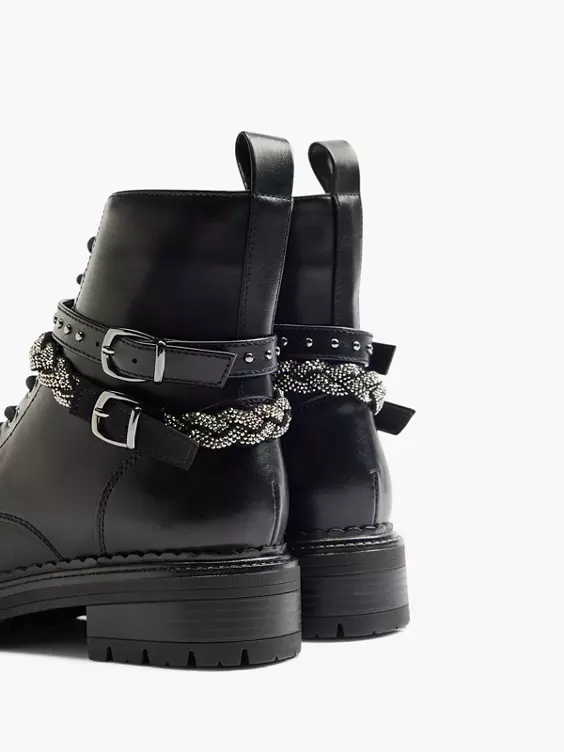 Graceland  Black Lace Up Biker Boot With Buckle Braid Detail