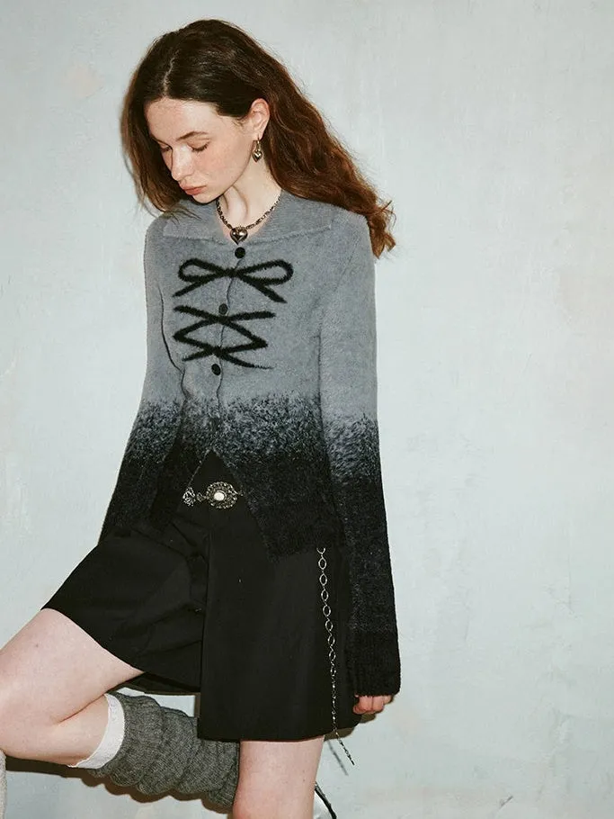 Gradient Bow Printed Lapel Knitted Cardigan