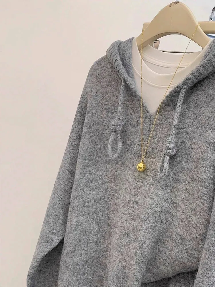 Gray pullover hooded sweater for women autumn and winter outer wear 2024 new hot style loose lazy style knitted sweater top