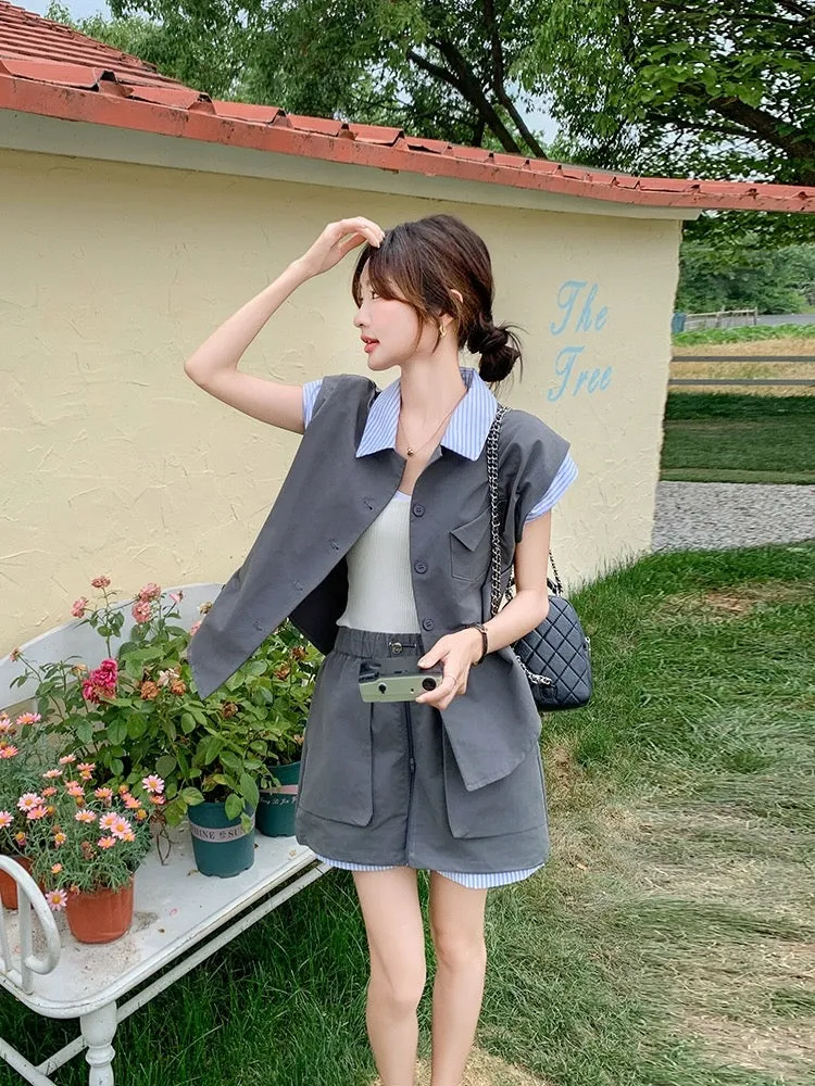 Gray striped splicing casual suit skirt for women summer 2024 new sleeveless shirt workwear short skirt two-piece set
