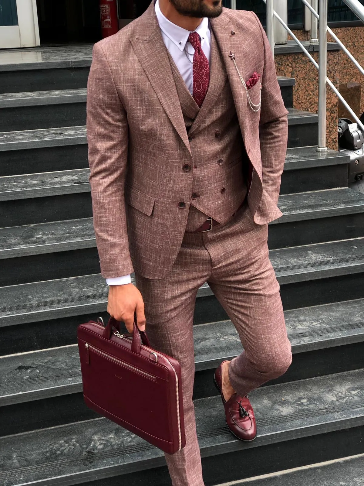 Greh Slim-Fit Pattered Suit Vest Claretred