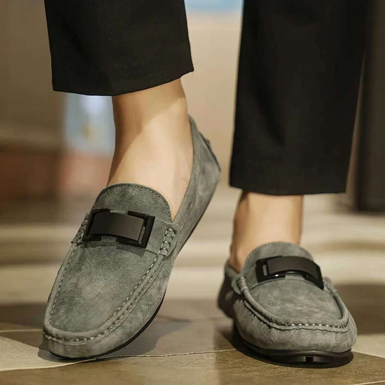 Grey buckle strap slip on shoe loafer