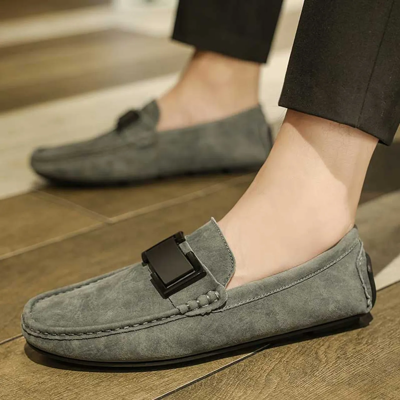 Grey buckle strap slip on shoe loafer