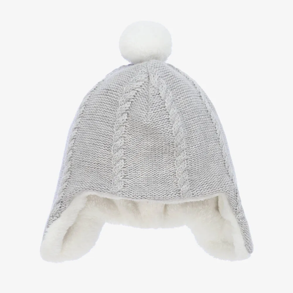 Grey Cotton & Wool Pom-Pom Hat