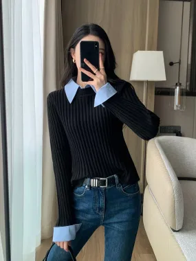 Guoge's black sweater for women 2023 autumn and winter new fake two-piece super good-looking and versatile pullover knitted inne