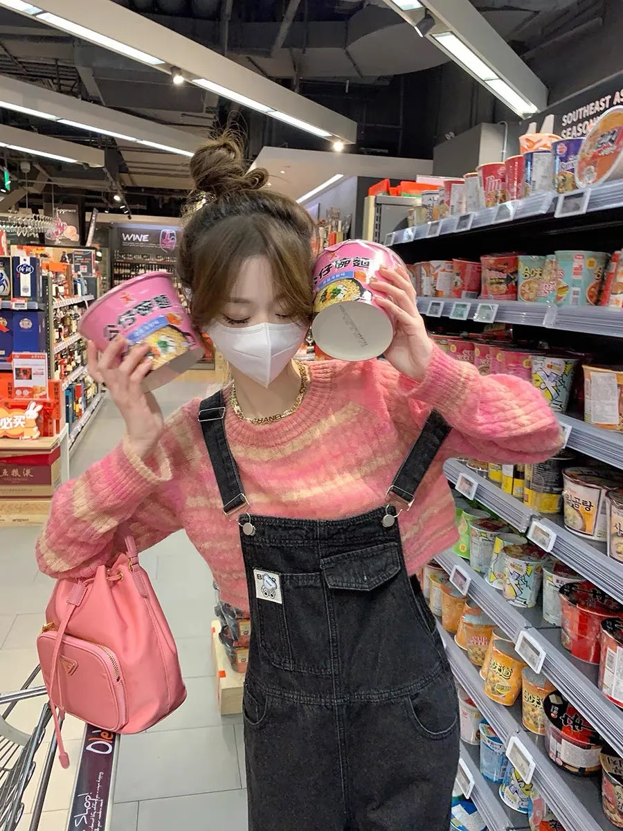 Guoguojia short sweater for women spring and autumn 2023 new style lazy sweater slimming striped splicing bottoming top (B3311)