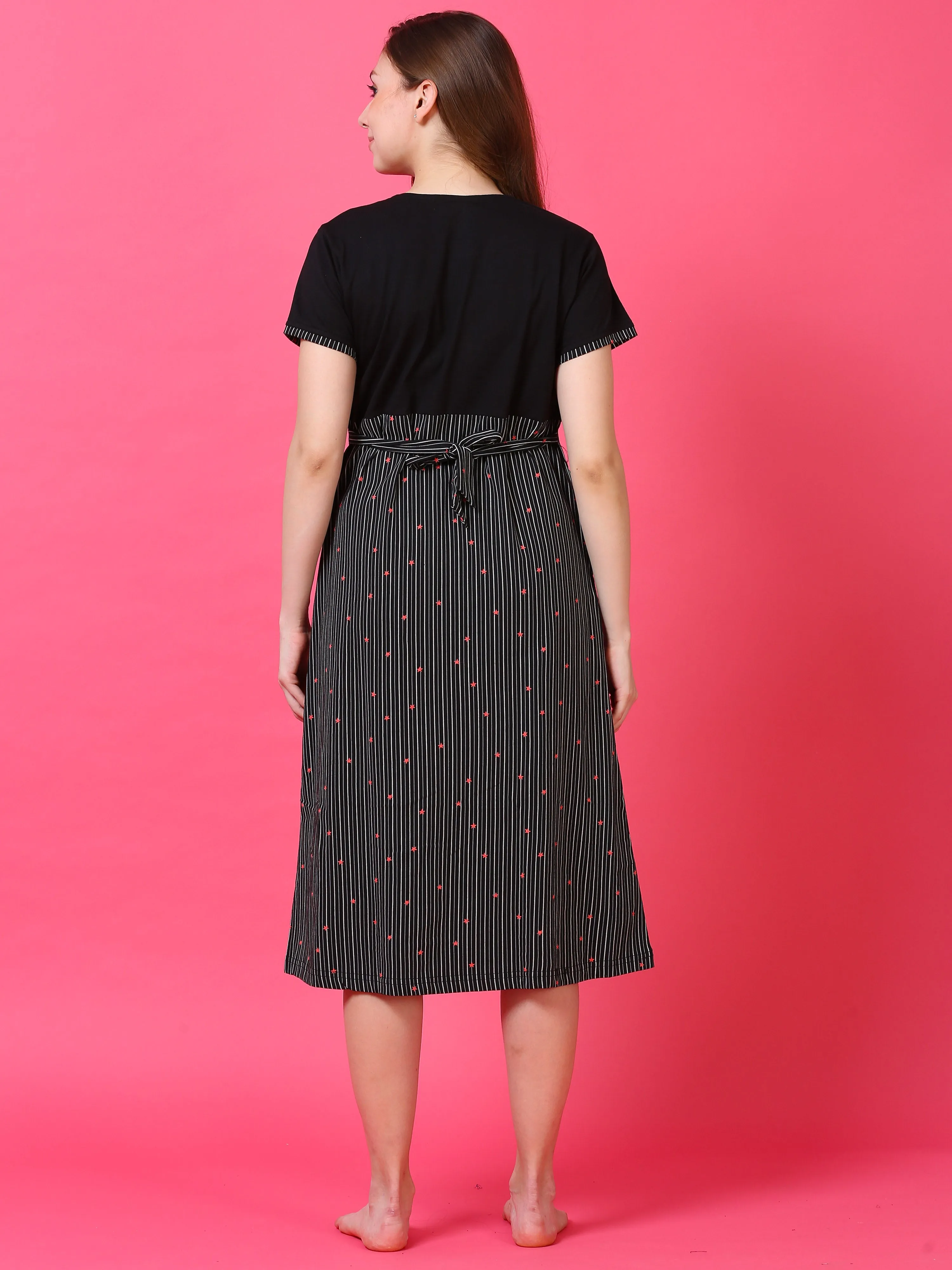 Hosiery Cotton Maternity Nighty Black Stripes