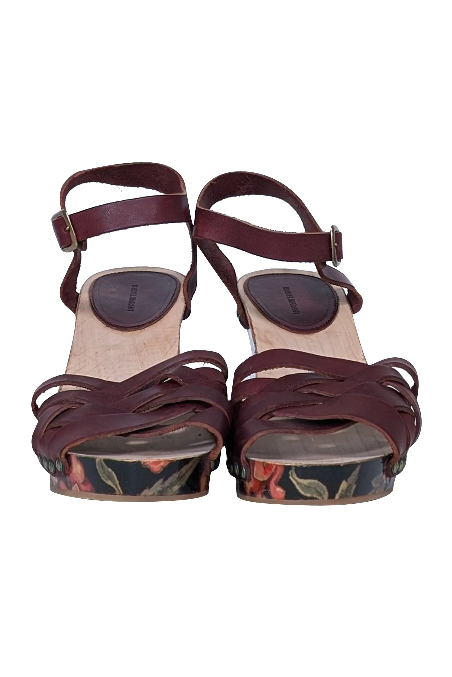 Isabel Marant - Maroon & Floral Print Wooden Strappy Sandals Sz 9