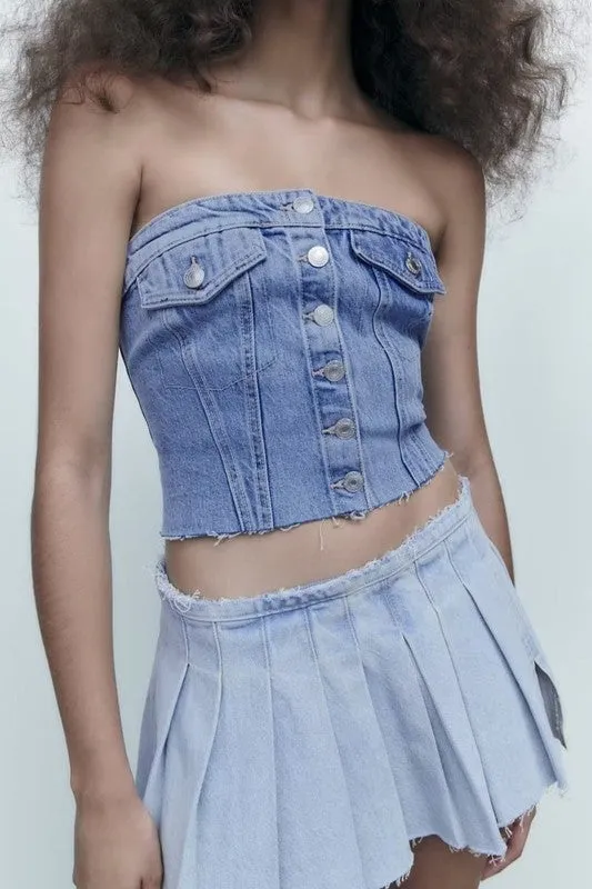 Jemma Strapless Denim Button Down Raw Hem Vest Top