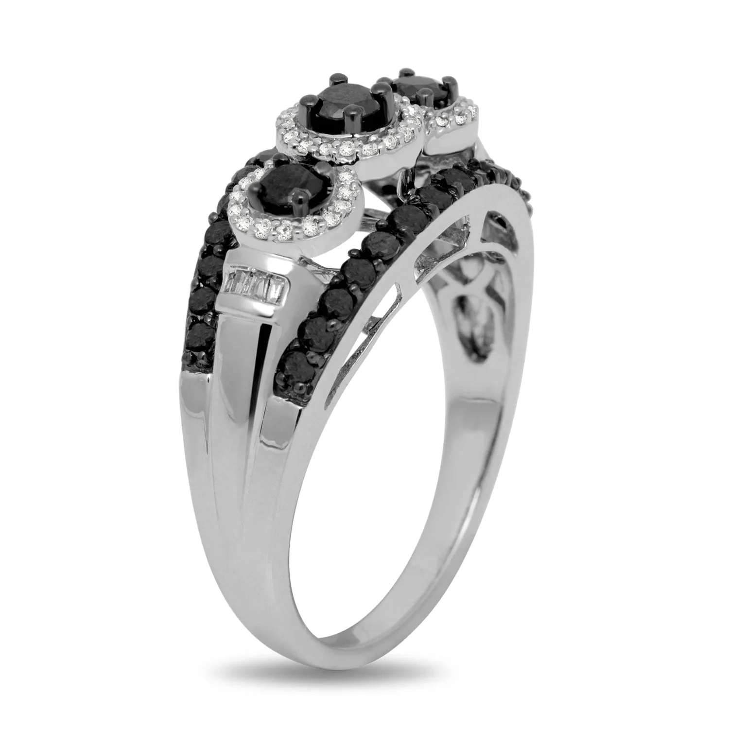 Jewelili 10K White Gold with 1 CTTW Treated Black and White Diamonds Three Stone Ring