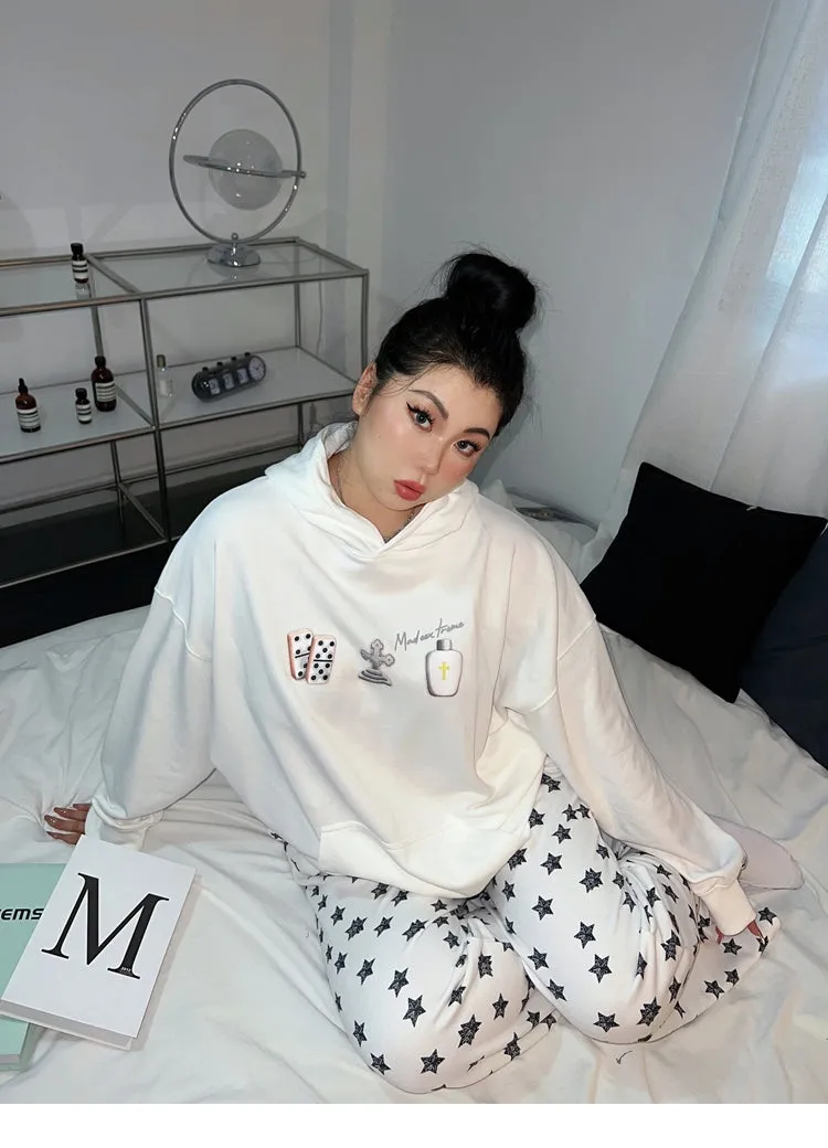 Joeline Solid Color Graphic Print Long Sleeve Hoodie