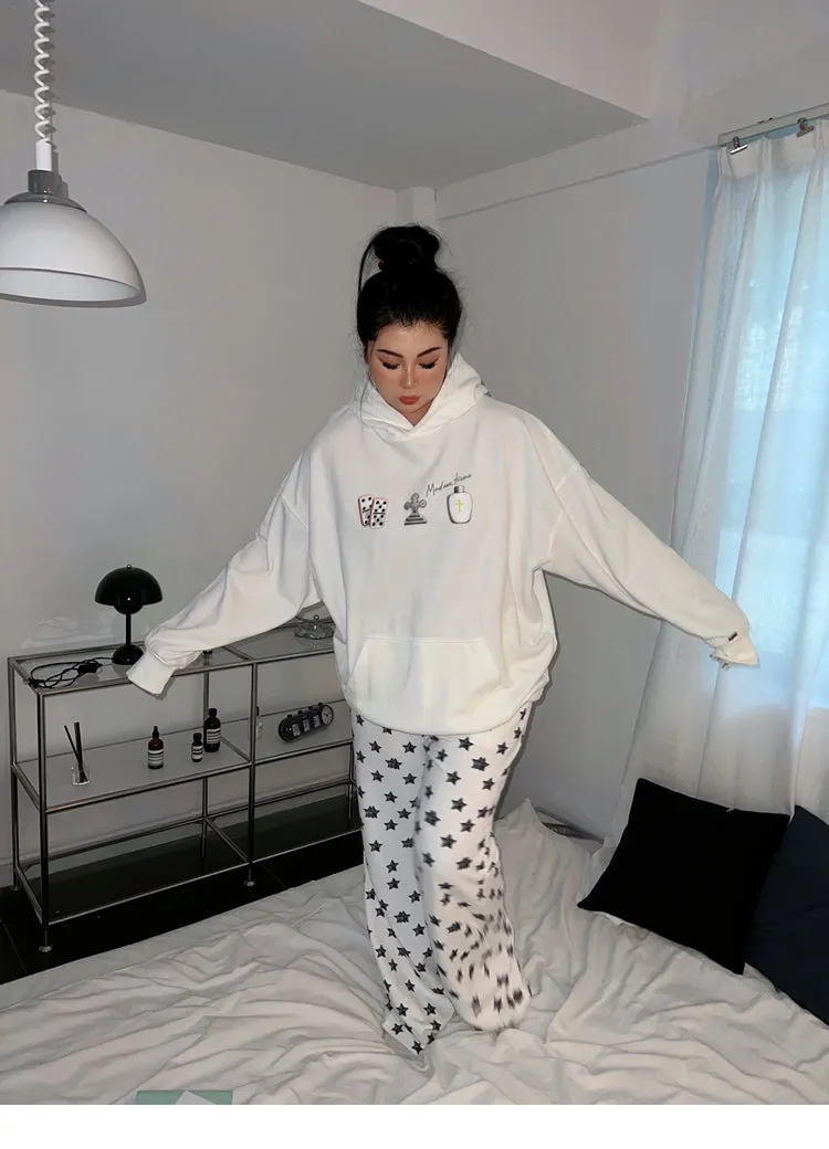 Joeline Solid Color Graphic Print Long Sleeve Hoodie