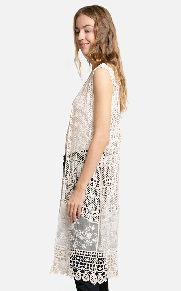 JP3017 Long Floral Crochet Vest Cover Up