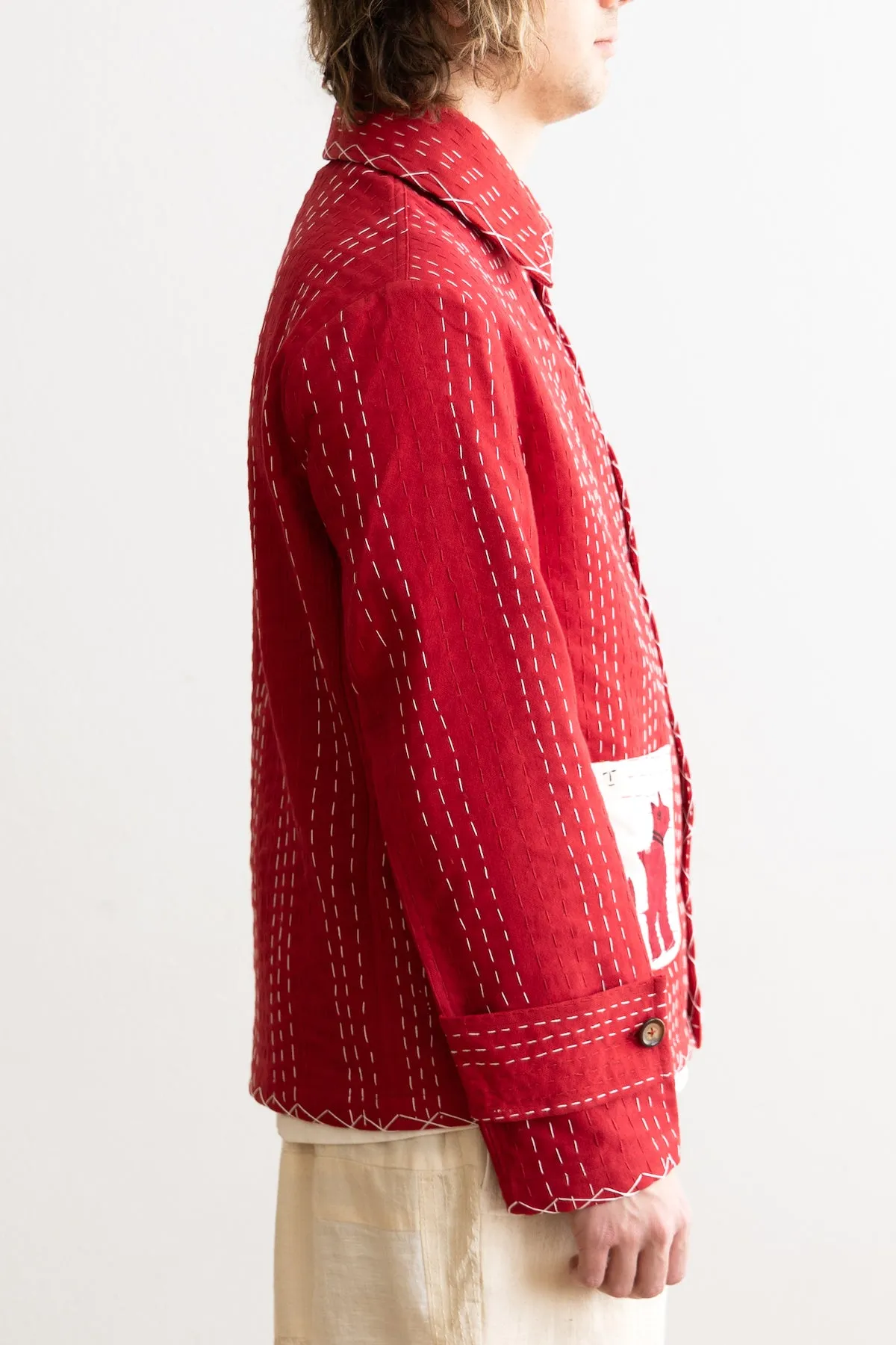 Kantha Applique Pocket Blouson Jacket - Red