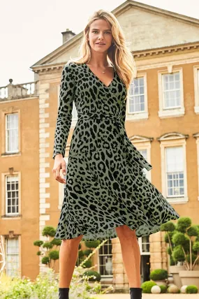Khaki Green & Black Animal Print Faux Wrap Midi Jersey Dress