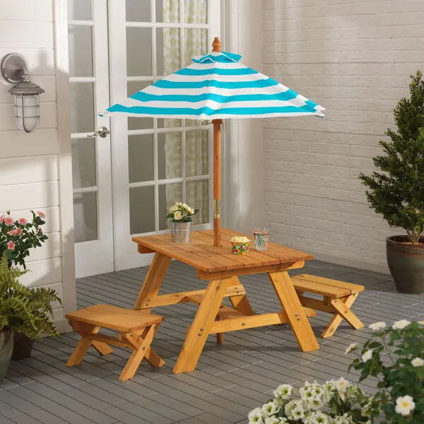 KidKraft Outdoor Table and Bench Set with Umbrella, Turquoise/White