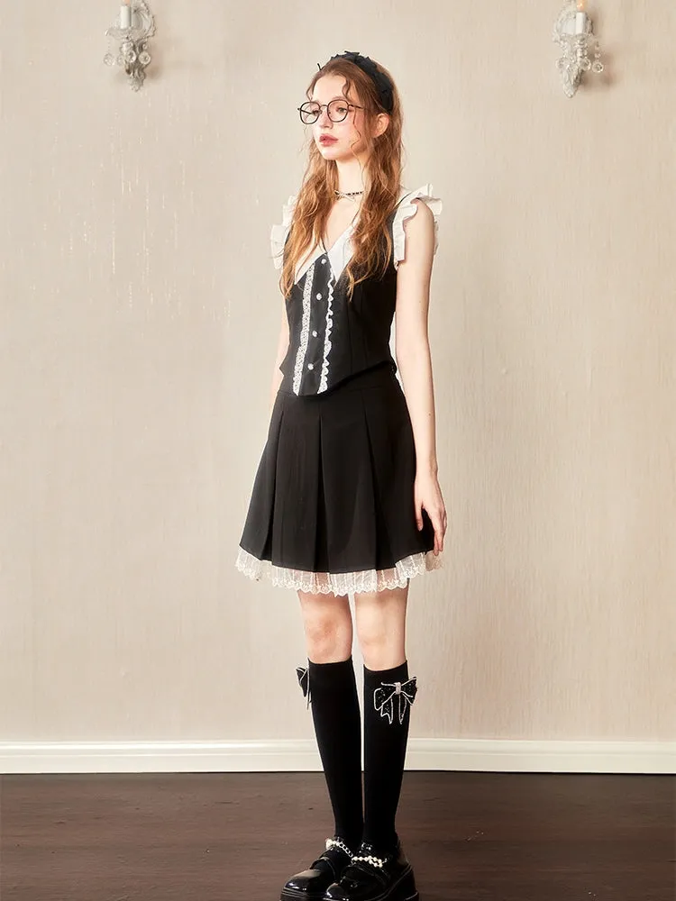 Lace Chic Frill Monotone Vest＆Mini-Skirt