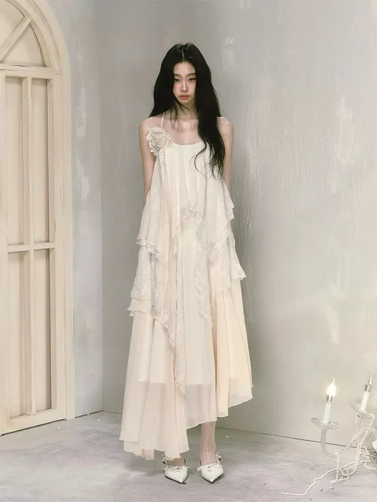 Lace Three-Dimensional Flower Irregular Sling Dress ＆ Broach ＆ Cardigan