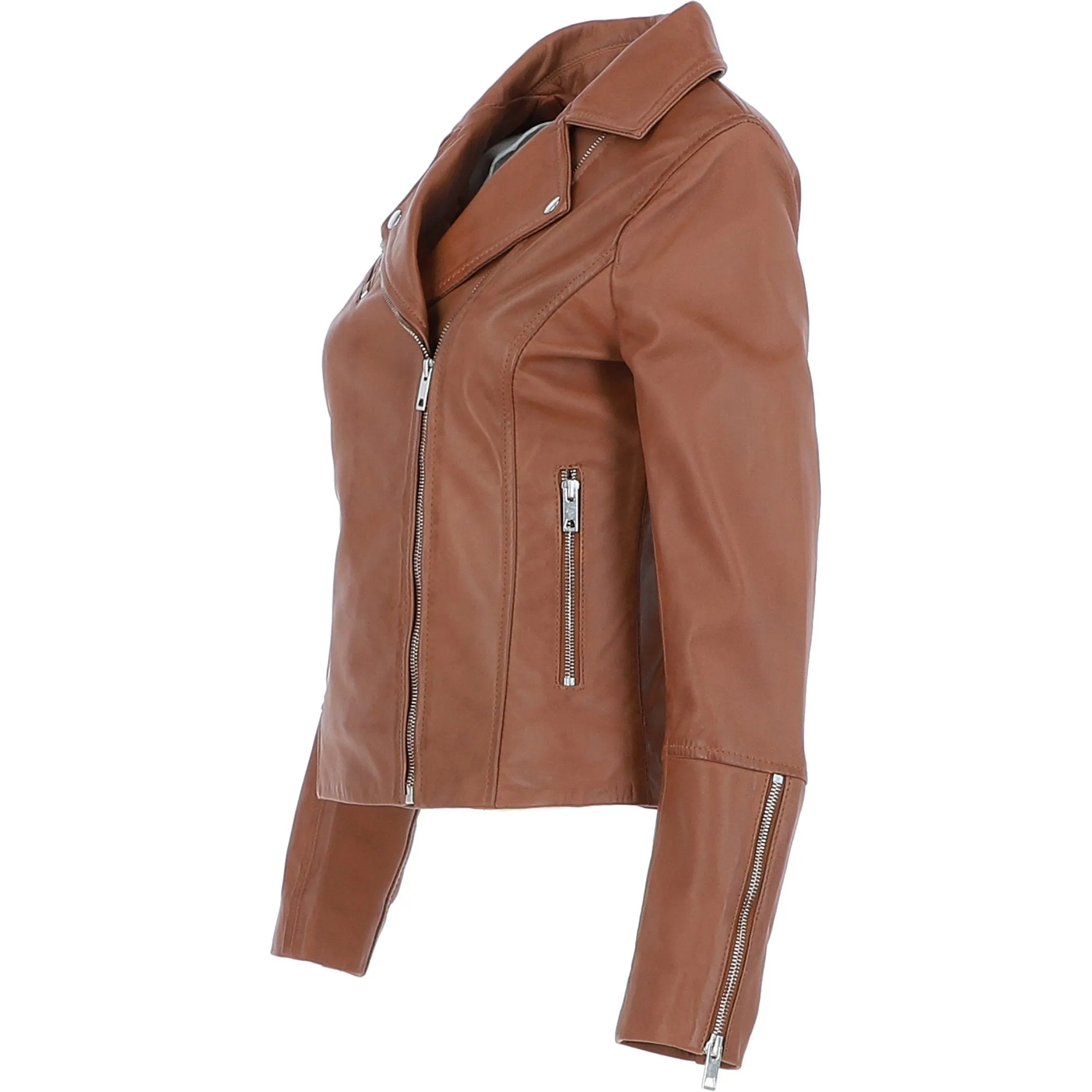 Ladies Veg Tanned Leather Biker Jacket Tan: AWL-80