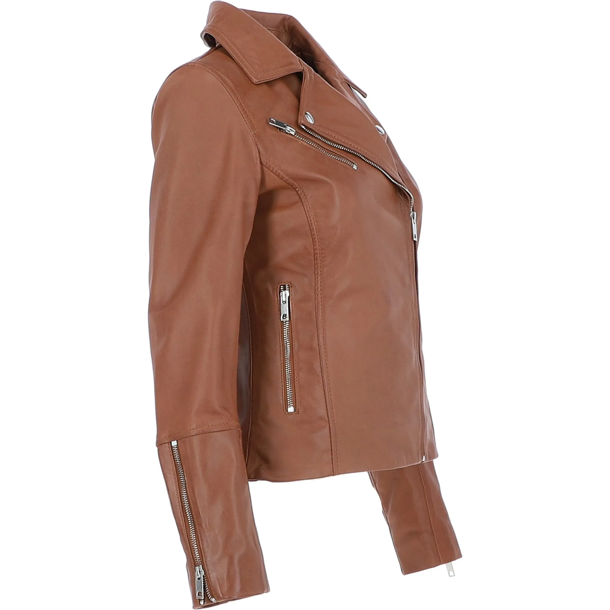 Ladies Veg Tanned Leather Biker Jacket Tan: AWL-80