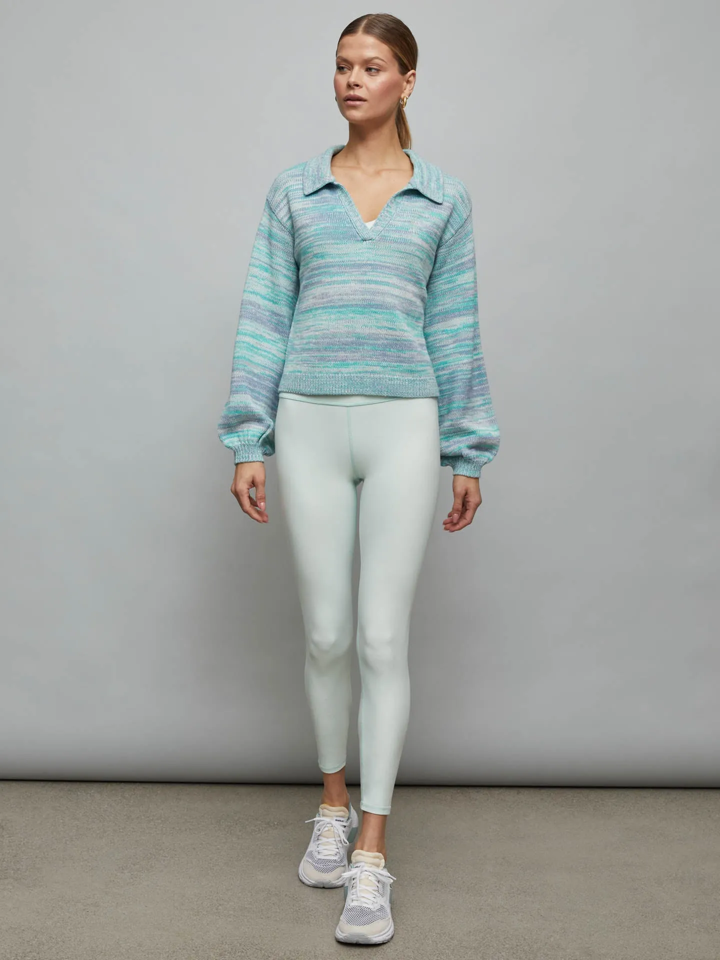 Latice Split Nk Collard Pullover - CYAN MULTI
