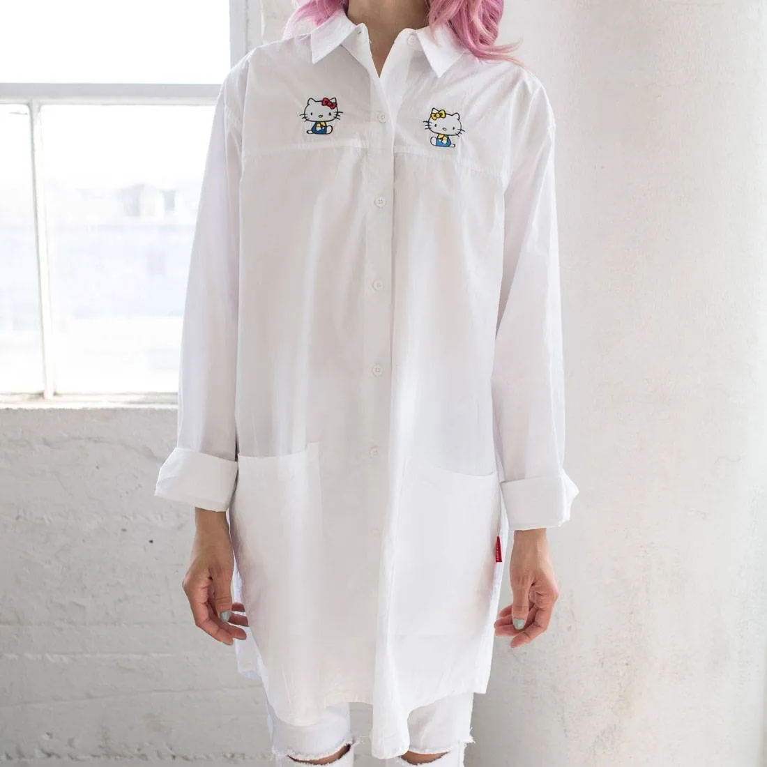 Lazy Oaf X Hello Kitty Women Bow Tie Long Sleeve Shirt (White)