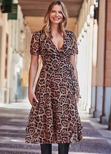 Leopard Print Mesh Wrap Jersey Dress by Sosandar | Look Again