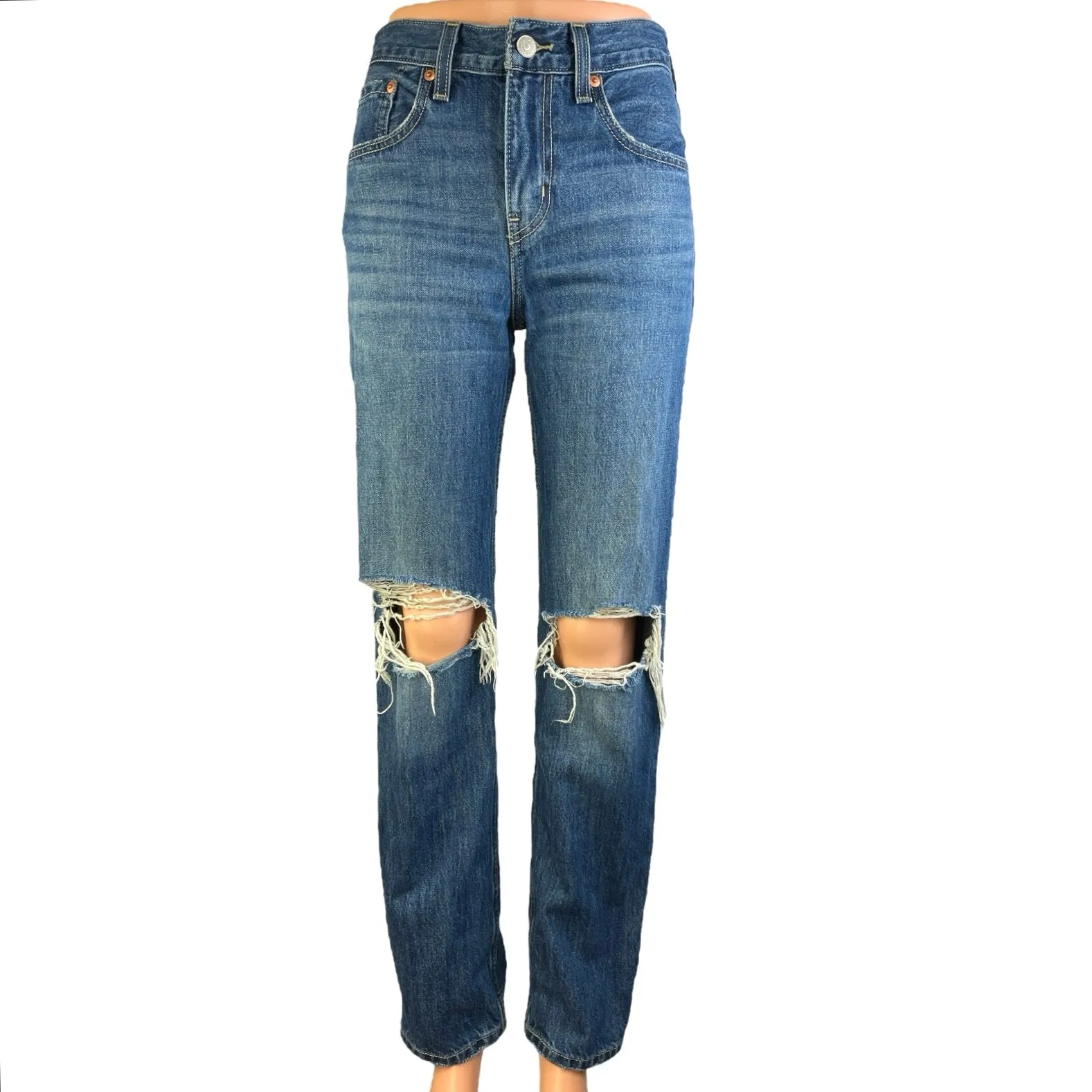 Levi's Women's Blue Medium Wash Distressed Low Pro Straight Denim Jeans Size 24