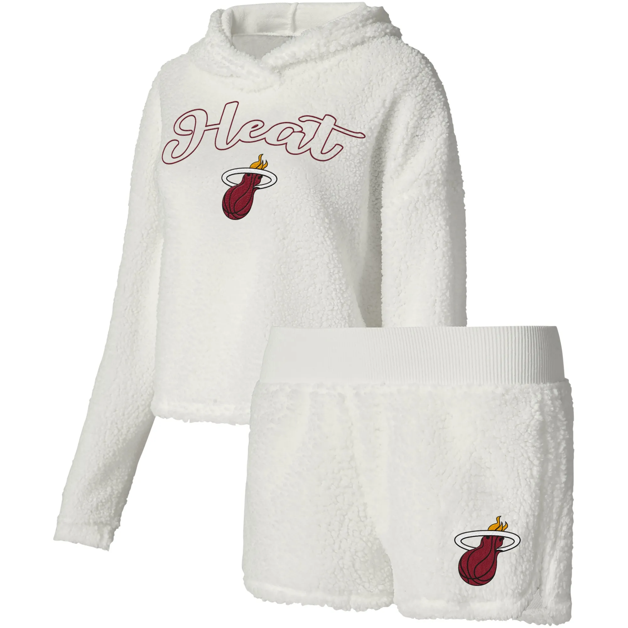 Lids Women's College Concepts Cream Miami Heat Fluffy Long Sleeve Hoodie T-Shirt & Shorts Sleep Set