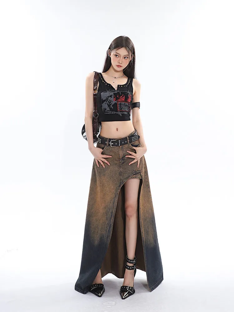 Lienna Denim Gradient Low Waist Asymmetrical Cut-Out Side Slit Long Jeans Skirt