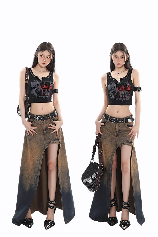 Lienna Denim Gradient Low Waist Asymmetrical Cut-Out Side Slit Long Jeans Skirt