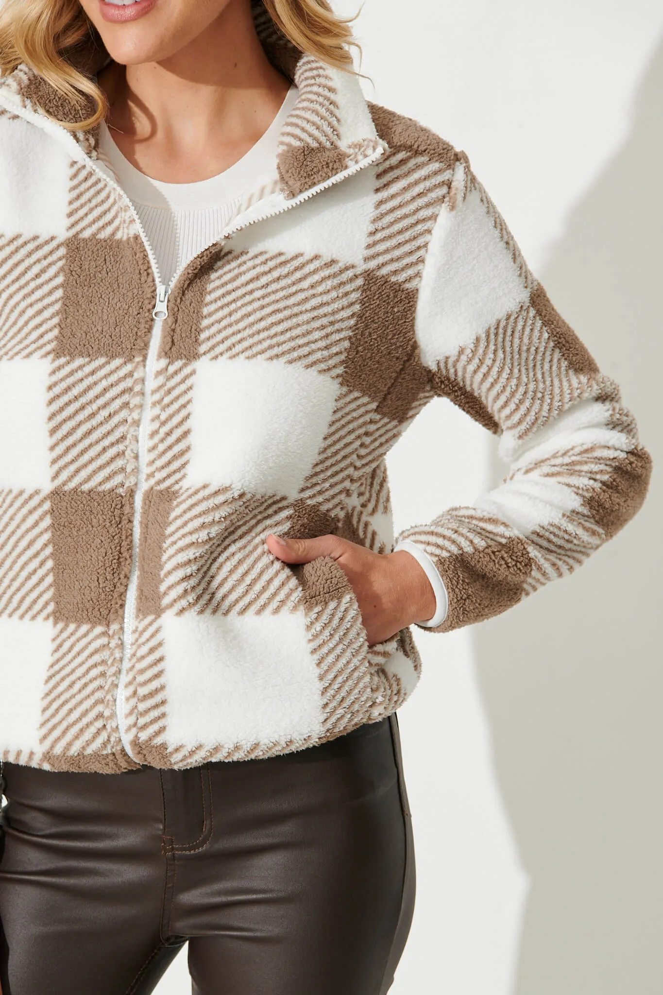 Linea Fluffy Jacket In Mocha With White Check