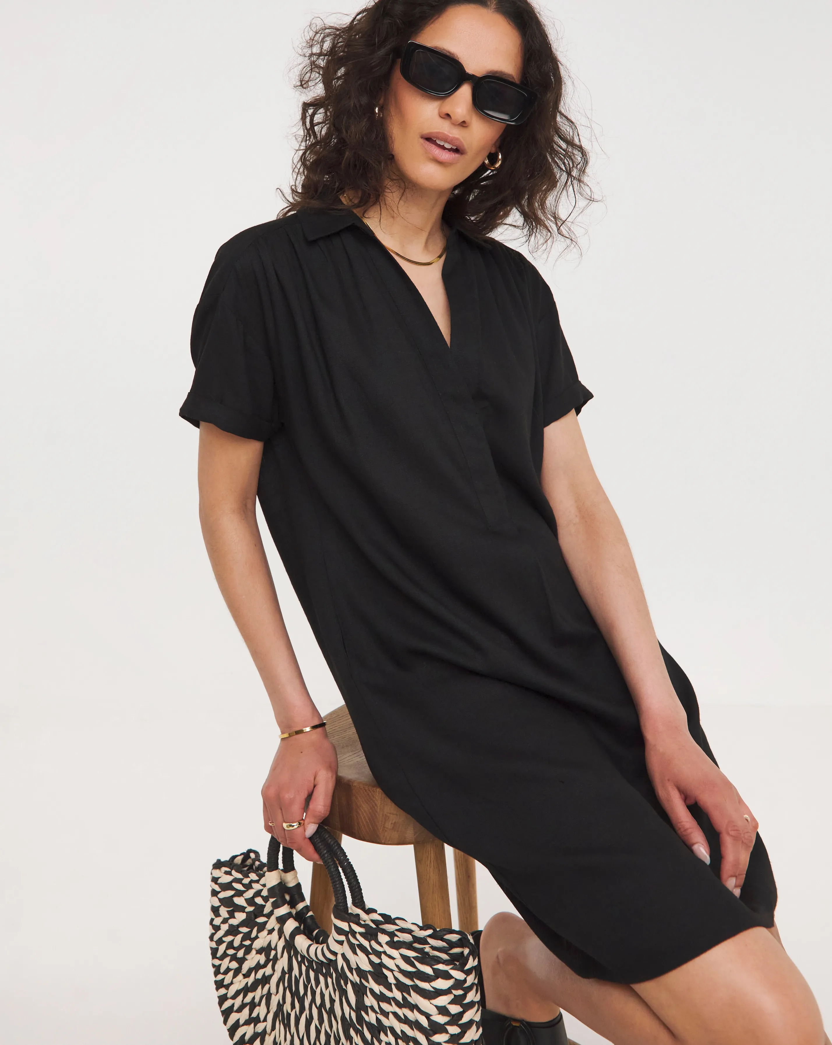 Linen Collared Short Sleeve Tunic Dress