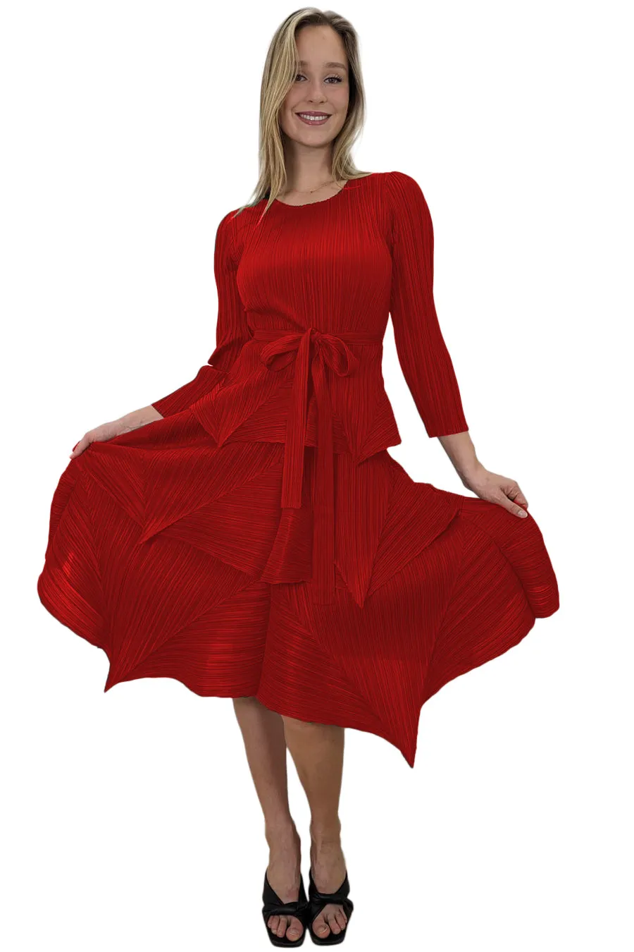 Long Sleeve Layered Wrap Belt Midi Dress