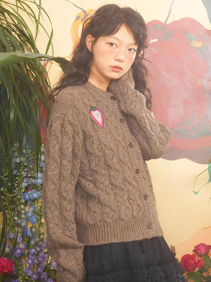 Love Strawberry Embroidered Cable Knitted Cardigan