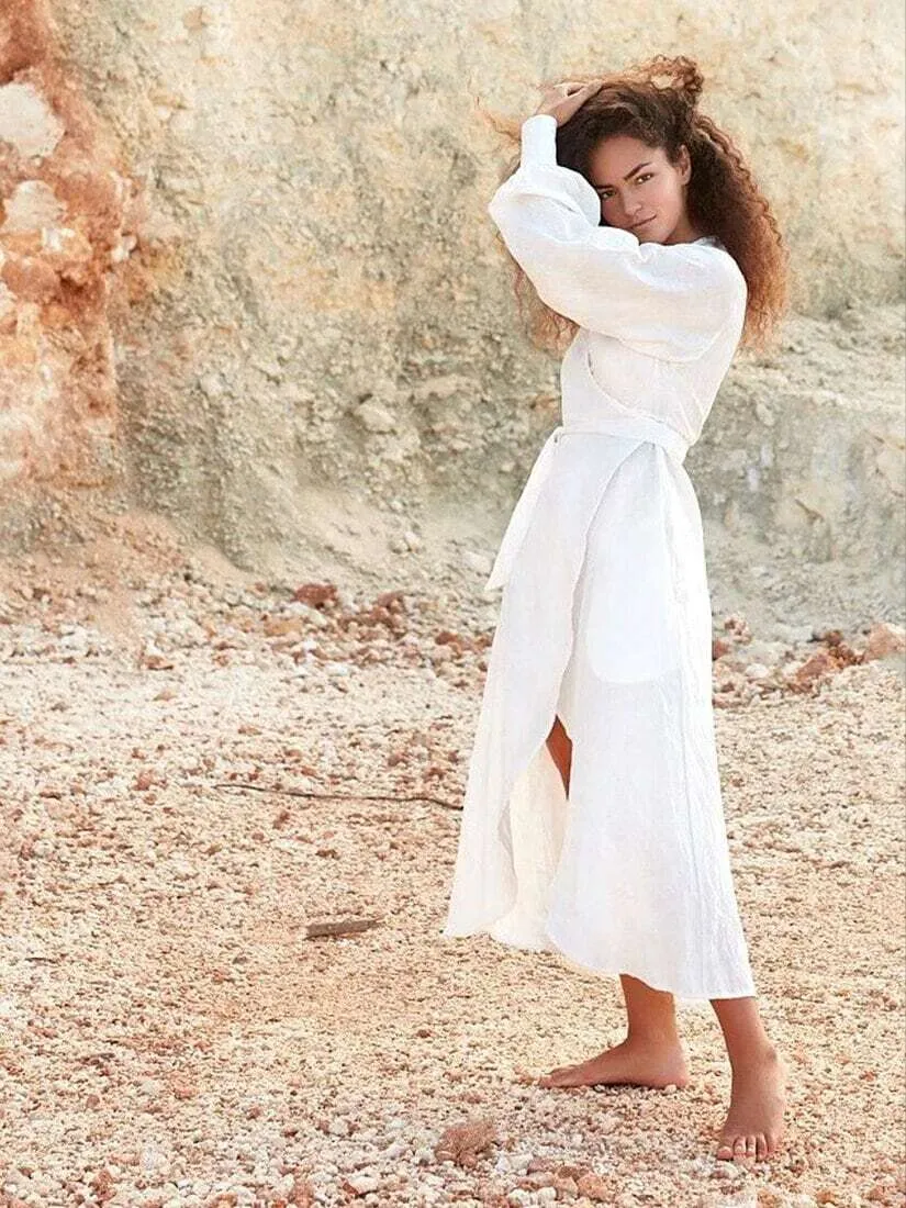Luciee Linen Wrap Dress In White - Desdemona