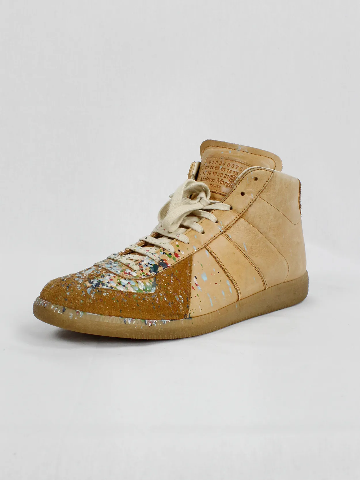 Maison Margiela orange high top sneakers with paint splatters (46)