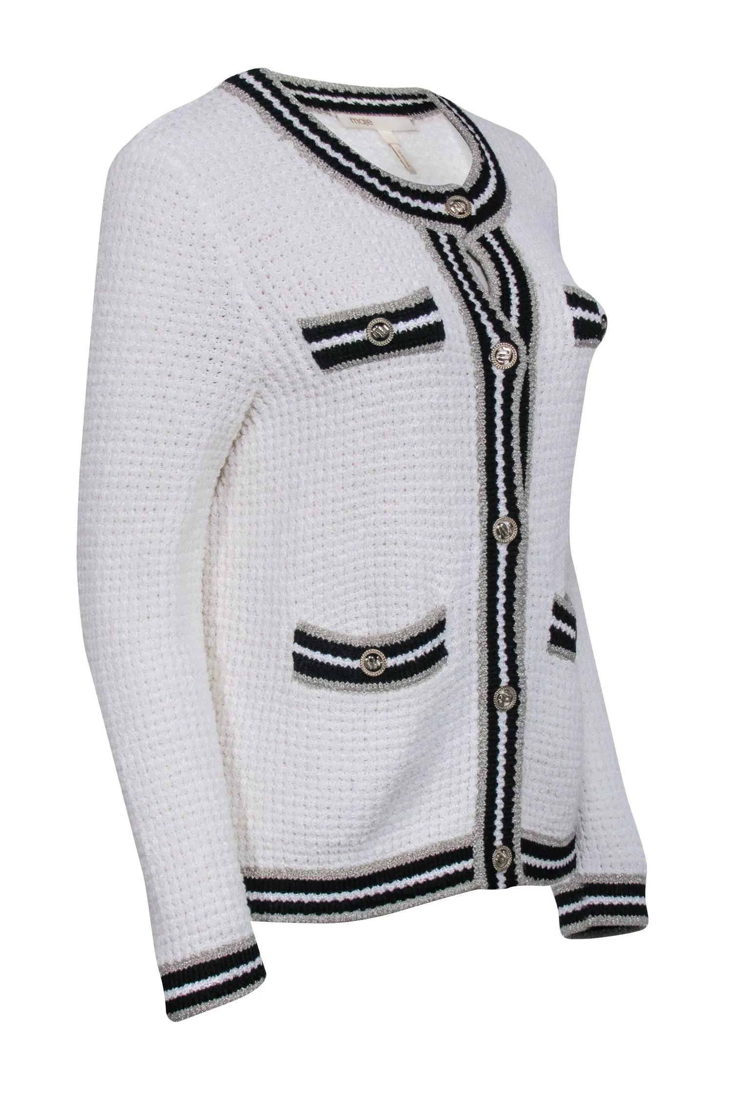 Maje - White Knit Cardigan w/ Contrast Metallic Trim Sz 8