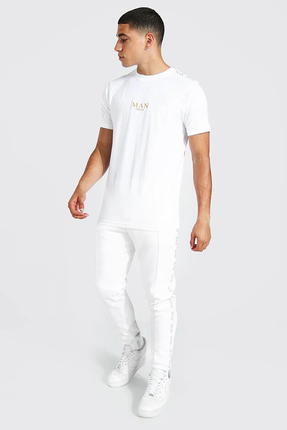 Man Gold Taped T-Shirt And Pintuck Joggers Set | boohooMAN UK
