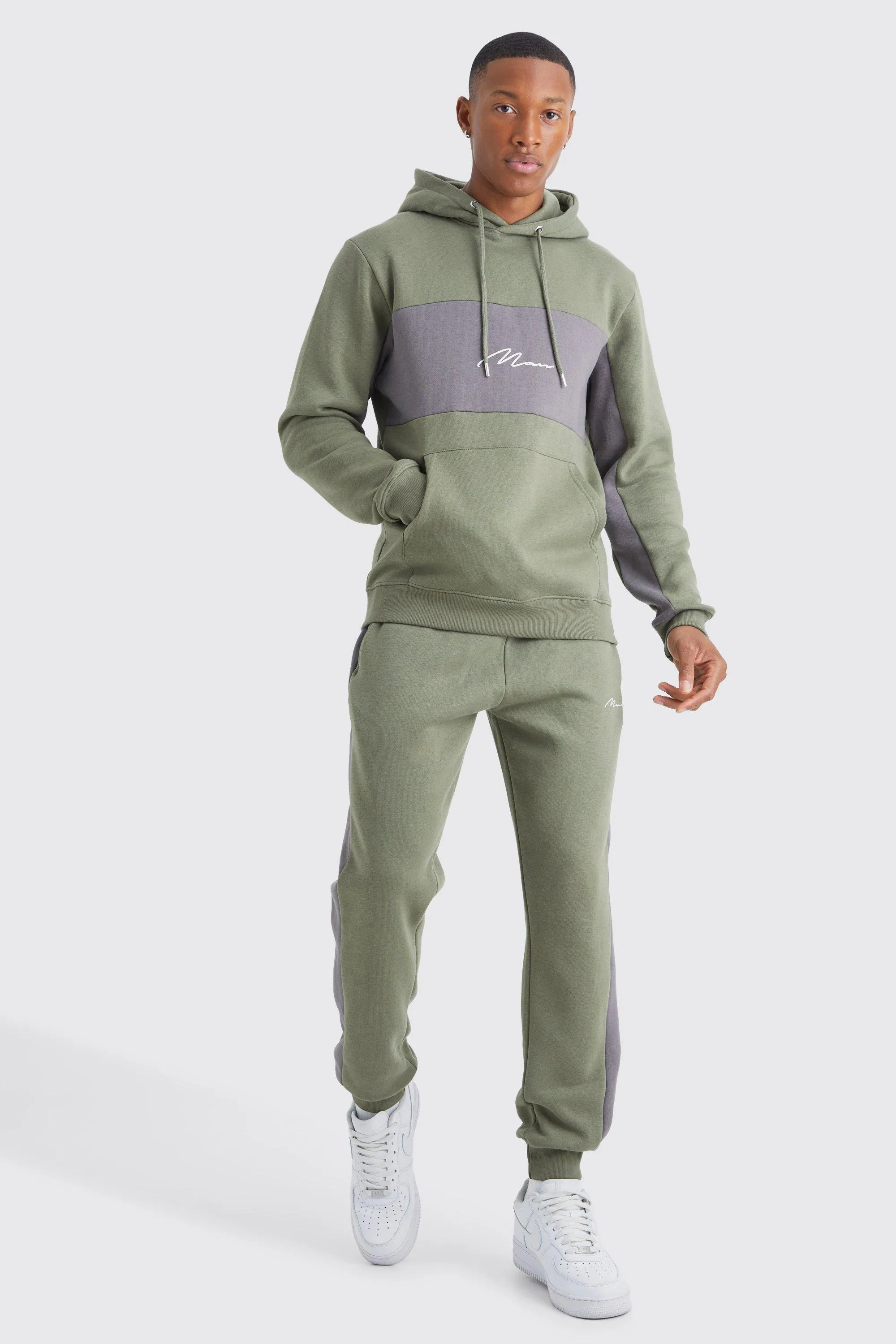 Man Signature Slim Colour Block Hooded Tracksuit | boohooMAN UK