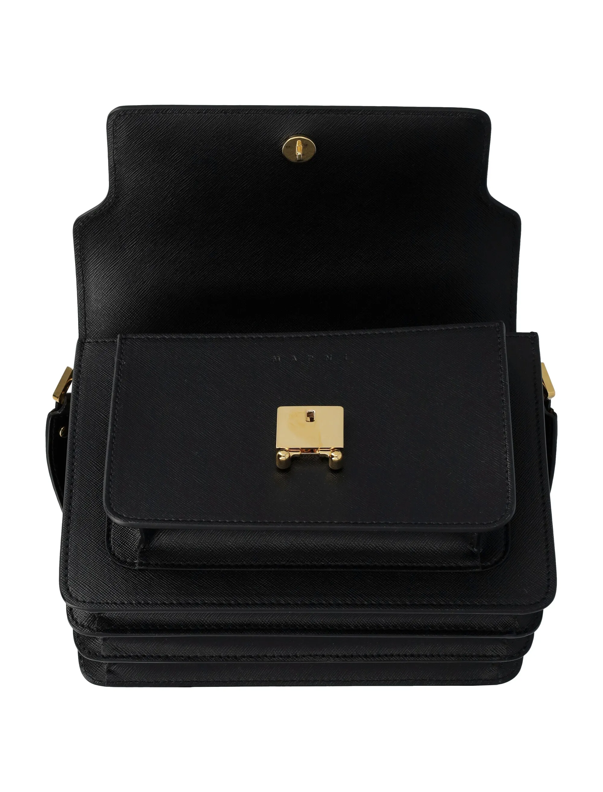 MARNI Chic Black Leather Medium Trunk Handbag with Gold-Tone Accents - Crossbody & Shoulder Carry