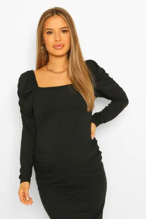 Maternity Rib Ruched Sleeve Bodycon Midi Dress
