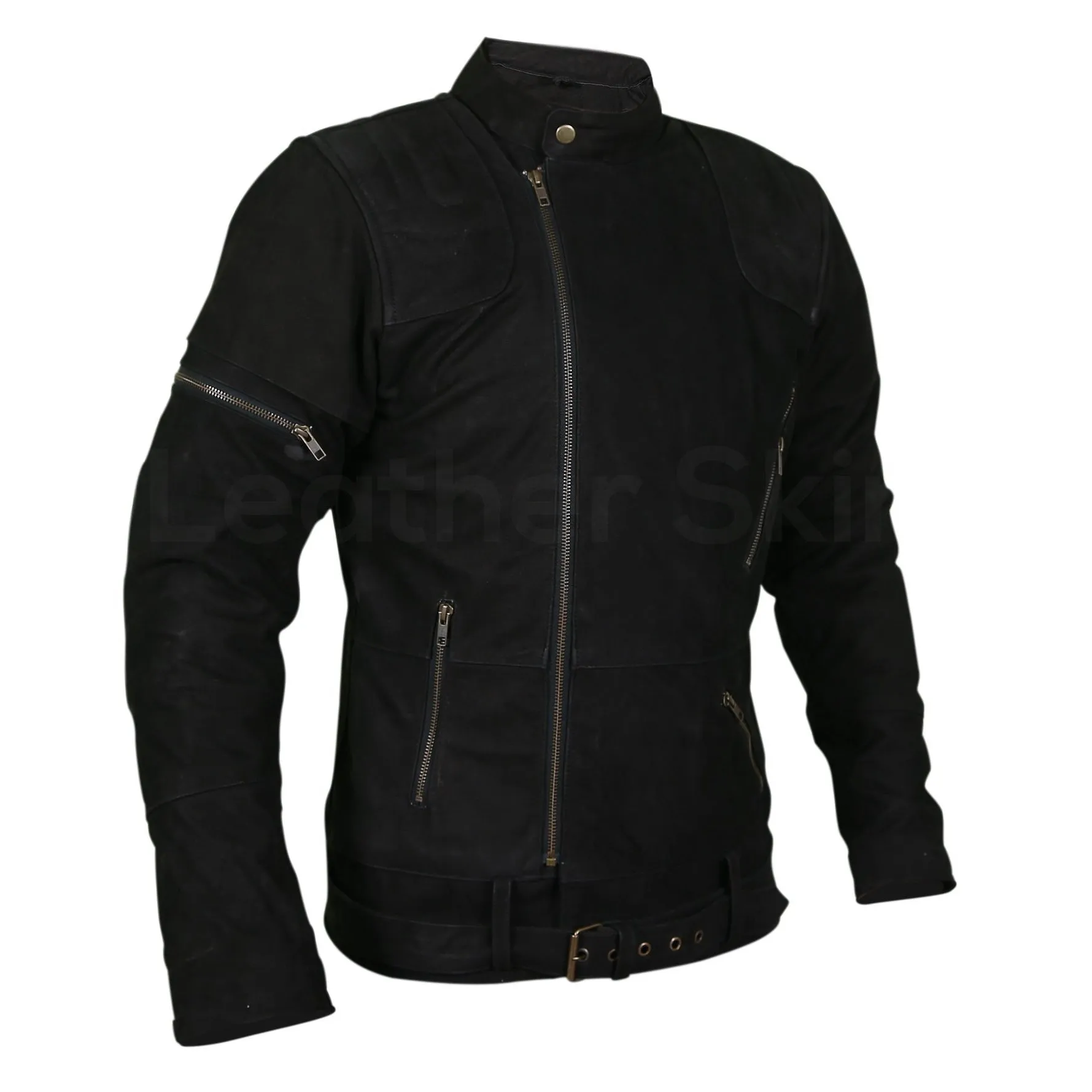 Men Black Suede Belted Leather Jacket with Zippers on Shoulders - Leather Skin Shop